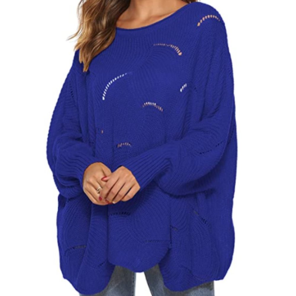 NWT Royal Blue Slouchy Scalloped Hem Knit Sweater. - Picture 5 of 6